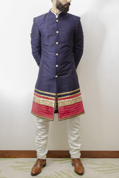 Navy blue and red sherwani