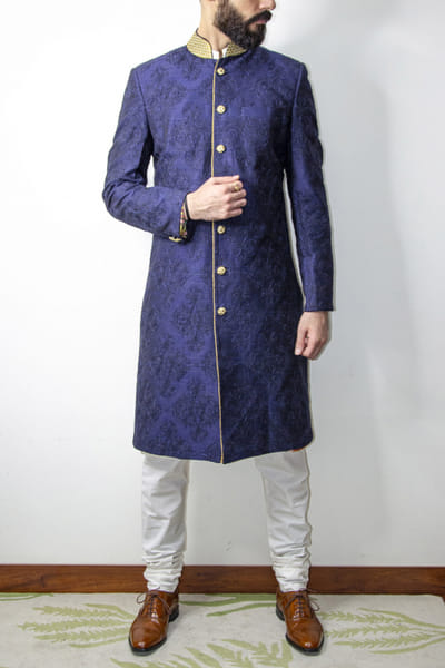 Navy blue embroidered sherwani