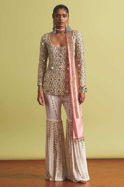 Off white studded kurta gharara set