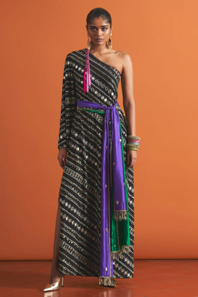 Black one shoulder studded dress