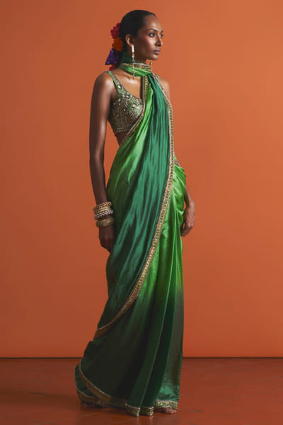 Green dip dyed embellished sari set