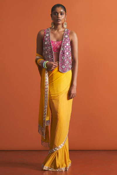 Marigold embroidered waistcoat sari set