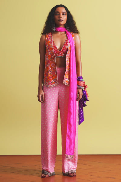 Rose pink mirror embroidered jacket set