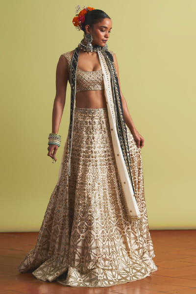 Ivory mukaish embroidered lehenga set