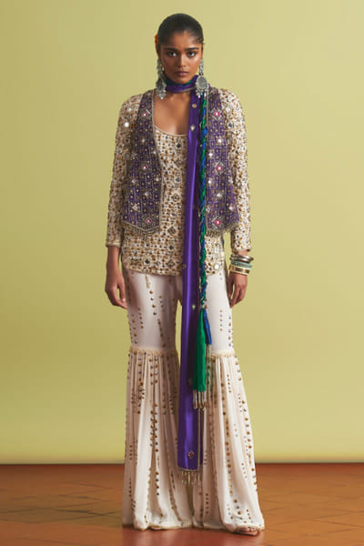 Off white studded waistcoat gharara set