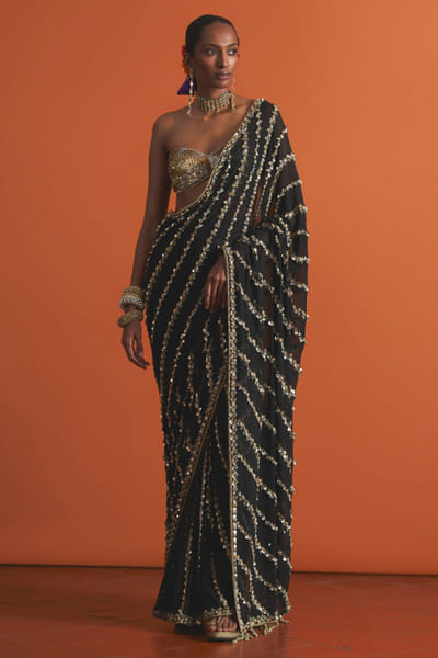 Black sequin embroidered sari set