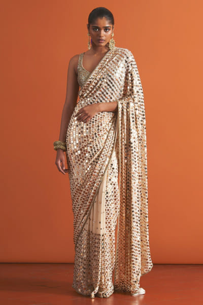 Off white sequin embellished sari set
