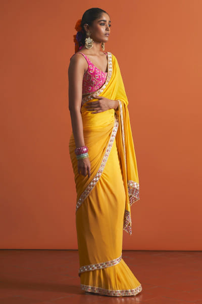 Marigold dyed embroidered sari set