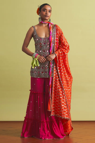 Red metal ruffle silk kurta set