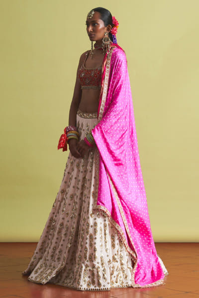 Blush pink embroidered bandhani lehenga set