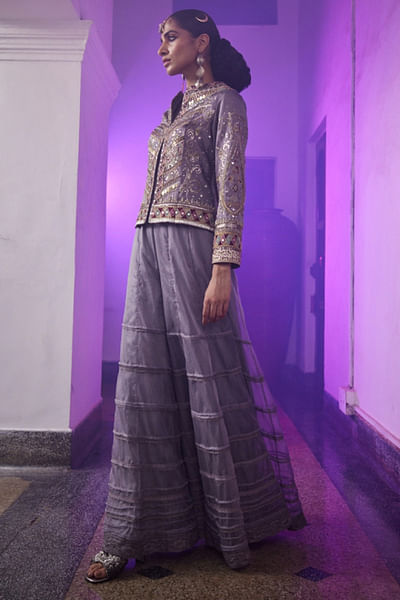 Grey zari embroidered jacket set