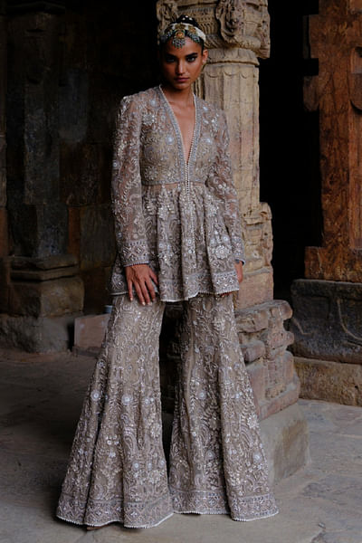 Golden beige embroidered peplum set