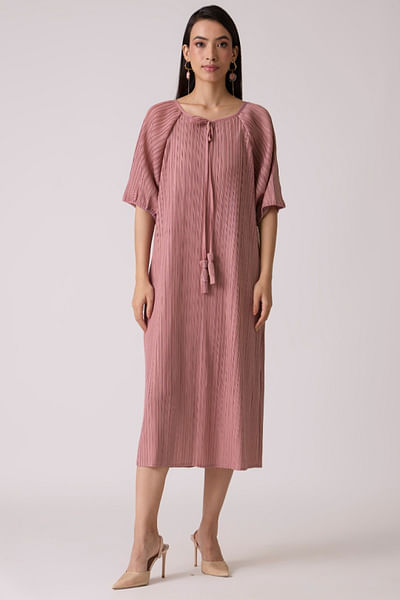 Onion pink tassel-tie pleated dress