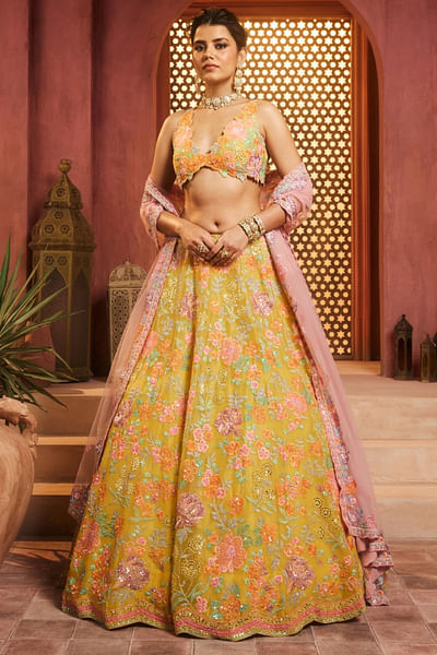 Yellow floral embroidered lehenga set