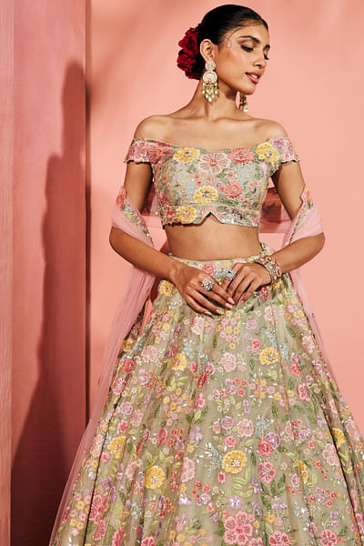 Mint green embroidered lehenga set