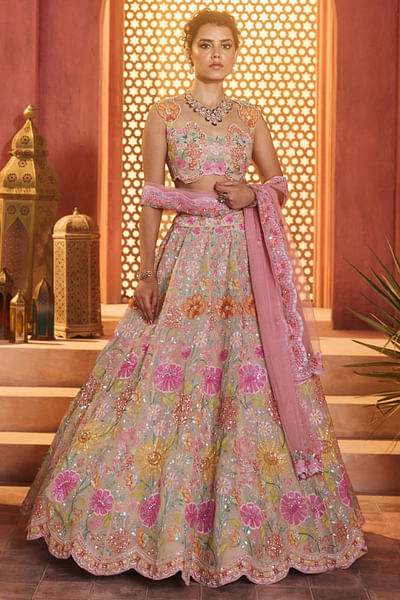 Beige floral embroidered lehenga set