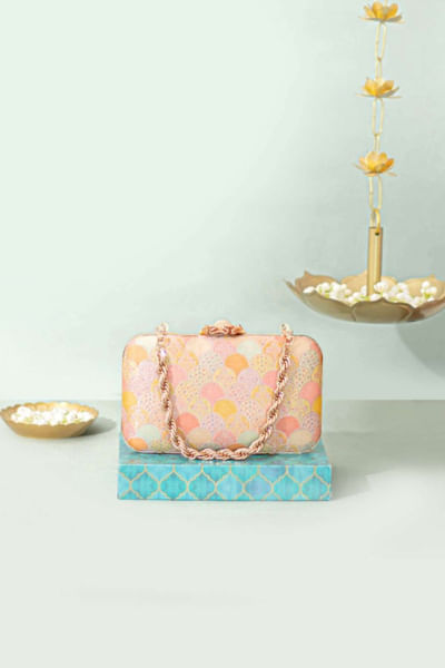 Multicolor woven banarasi silk box clutch
