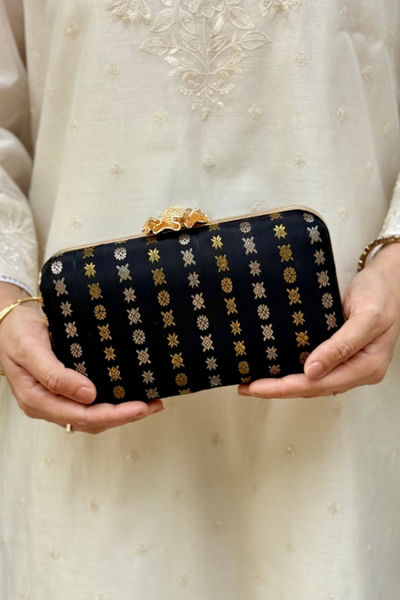 Black zari buta embroidered clutch