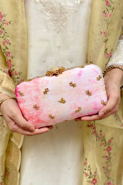 Ombre pink shibori and embroidered clutch