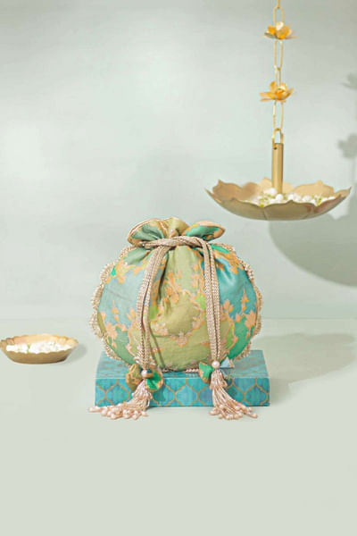 Green abstract woven banarasi silk potli bag