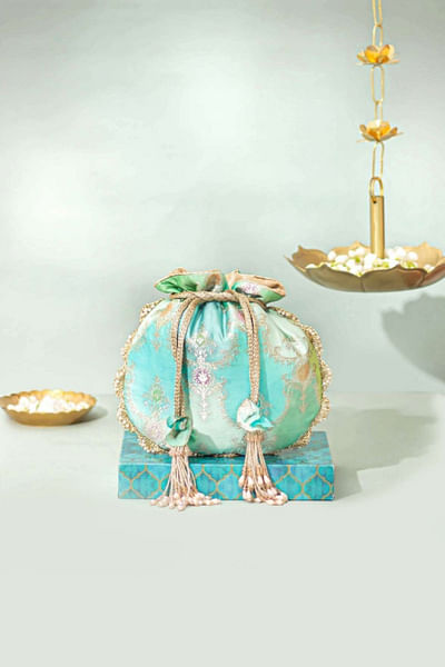 Blue abstract woven banarasi silk potli bag