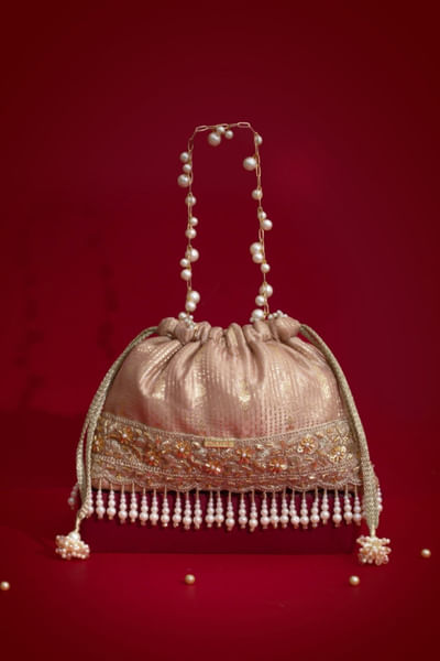 Pink cutdana pearl embellished potli bag