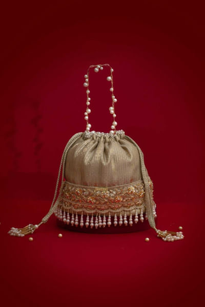 Grey pearl fringe embellished potli bag