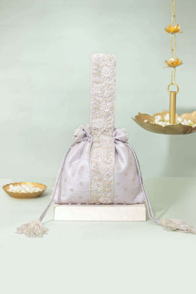 Silver zardozi hand embroidered potli bag