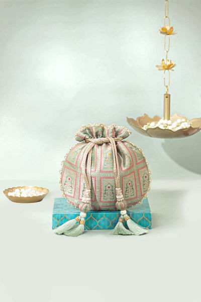 Teal woven banarasi silk potli bag
