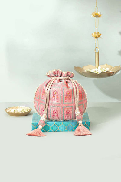 Dusty pink woven banarasi silk potli bag