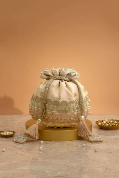 Mint and pink embroidered potli bag