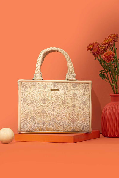 Beige thread embroidered handbag