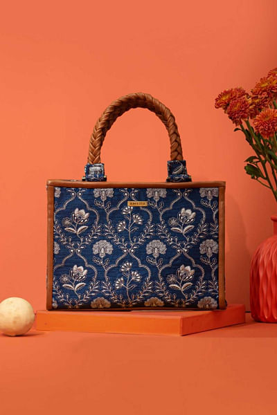 Dark blue thread embroidered handbag