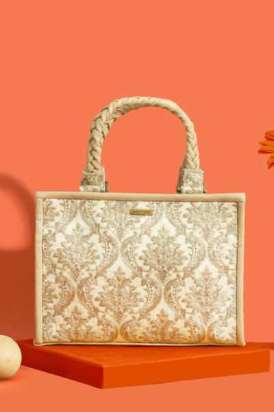 Beige jaali zari embroidered handbag