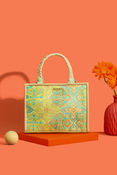 Mint kutch thread embroidered handbag