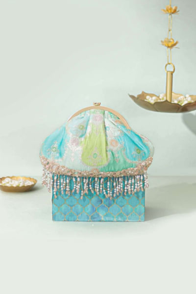 Blue woven banarasi silk clutch potli