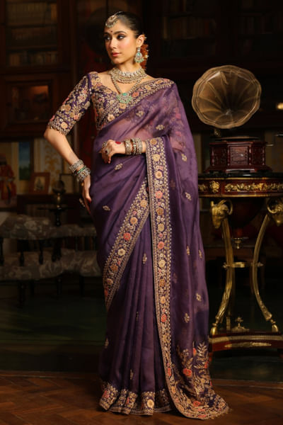 Purple applique embroidered sari set