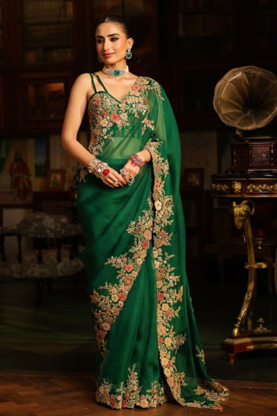 Green applique embroidered cutwork sari set