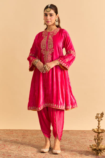 Hot pink aari embroidered velvet choga set
