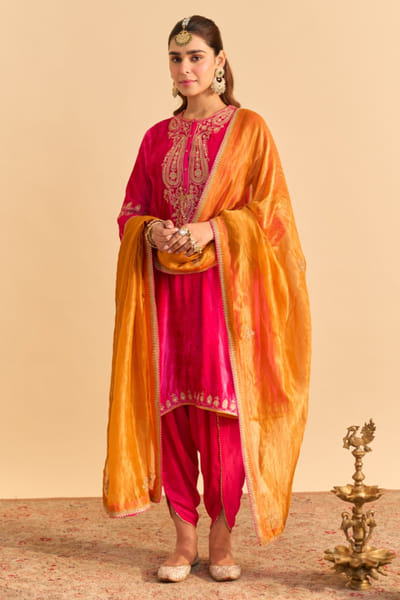 Hot pink aari embroidery velvet choga set