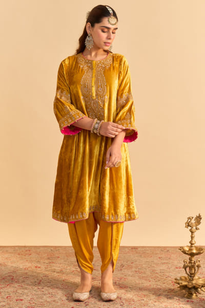 Mustard aari embroidered velvet choga set
