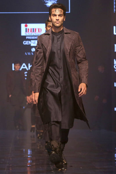 Navy and grey trench coat with trouser and kurta