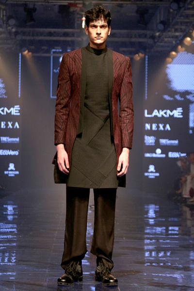Wine and black trench coat with trouser and kurta
