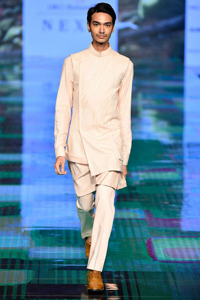 Peach embroidered Nehru jacket and kurta set