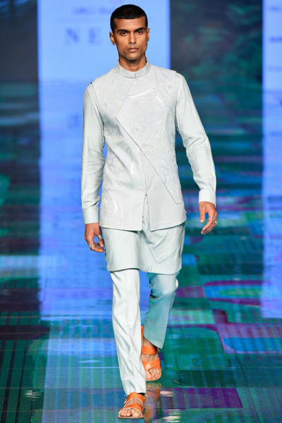 Ice blue Nehru jacket with kurta set