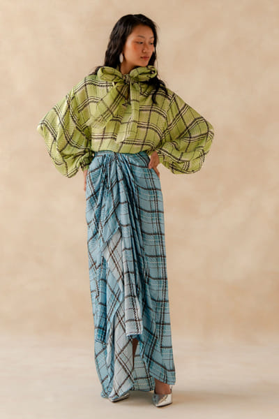 Richa Khemka Green and blue plaid printed drape skirt set RICHJUL26D149145