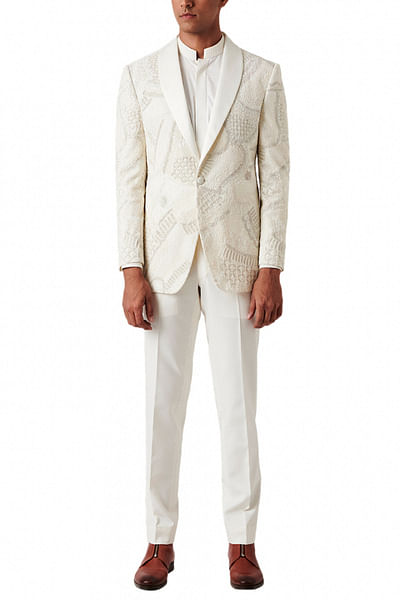 White embroidered tuxedo suit