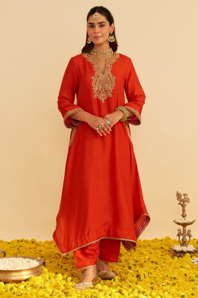 Burnt orange kiran dori embroidered kaftan set