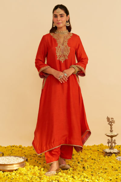 Burnt orange pearl embroidered kaftan set