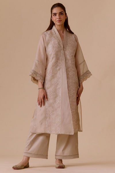 Beige floral embroidered kurta set